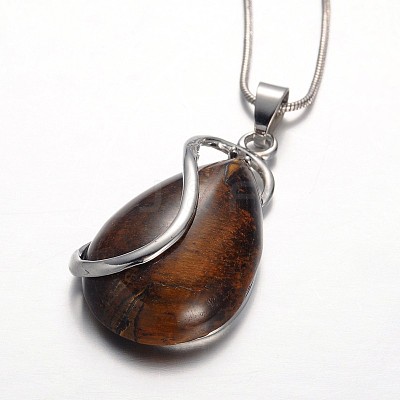 Teardrop Platinum Plated Brass Gemstone Pendant Necklaces NJEW-JN01185-1
