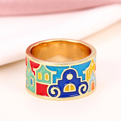 House Pattern Brass Enamel Finger Rings FS-WG03239-01-1