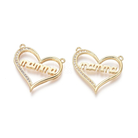  Jewelry Beads Findings Brass Pendants, with Clear Cubic Zirconia, Heart with Word Mamma, for Mother