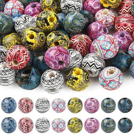32Pcs 8 Colors Bohemian Style Printed Schima Wood Beads WOOD-YW0001-93-1