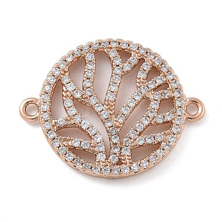 Rack Plating Brass Micro Pave Clear Cubic Zirconia Flat Round with Tree Connector Charms KK-A234-034RG-1