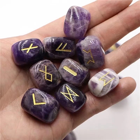 25Pcs Natural Amethyst Viking Runes Engraved Stone PW-WG99670-01-1