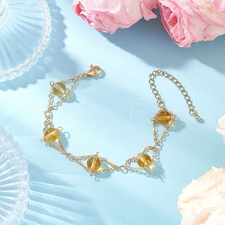Natural Yellow Quartz Round Beads Link Bracelets for Women BJEW-JB12149-03-1