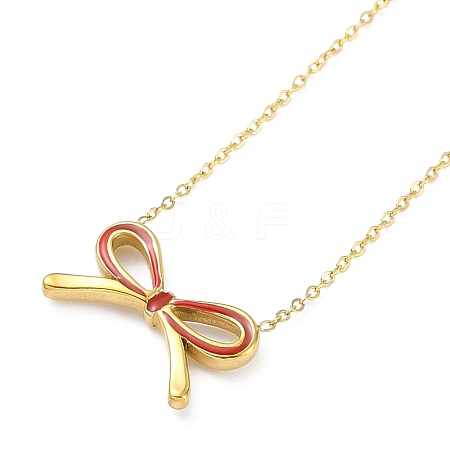 Ion Plating(IP) Golden Tone 304 Stainless Steel Enamel Bowknot Pendant Necklaces for Women NJEW-K276-07G-02-1