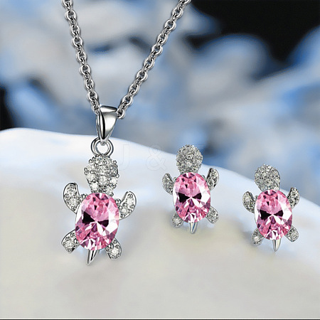 Tortoise Alloy Rhinestone & Glass Pendant Necklaces & Stud Earrings Sets FS-WG4B54D-10-1