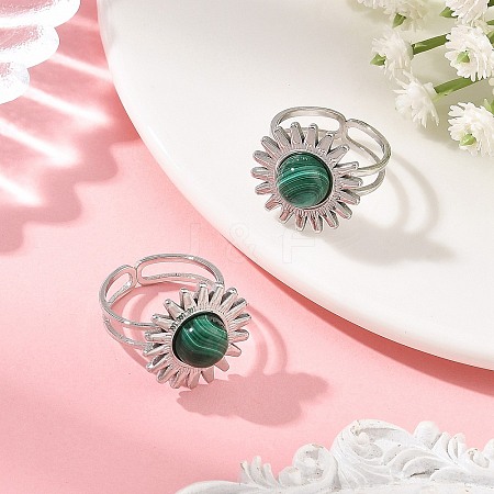Natural Malachite & Stainless Steel Cuff Open Rings RJEW-JR01091-02-1