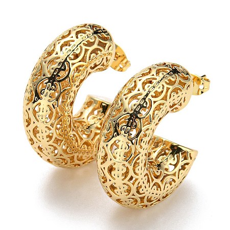 C-Shaped with Coin Pattern Stud Earrings EJEW-G355-06G-1