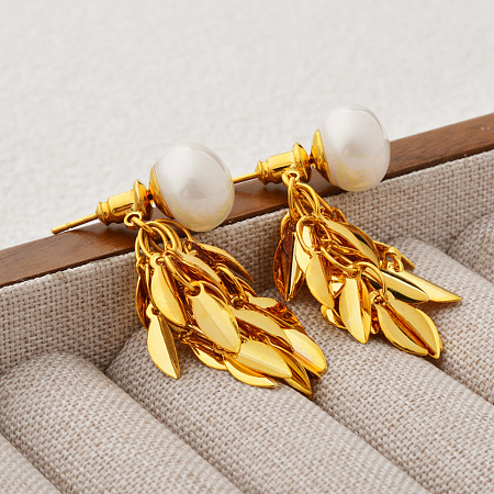 Brass Leaf Stud Earrings LS-EJEW-A121-11G-1