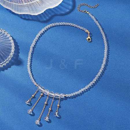 Round Natural Quartz Crystal & Glass Graduated Beaded Tassel Necklaces with Brass Cable Chains for Women NJEW-TA00236-1