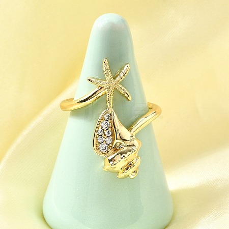 Ocean Theme Brass Micro Pave Cubic Zirconia Cuff Rings for Women RJEW-F184-17E-G-1