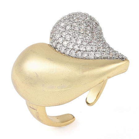 Heart Brass Micro Pave Clear Cubic Zirconia Open Cuff Ring for Women RJEW-Q819-18G-1
