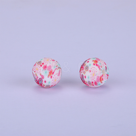 Printed Round with Flower Pattern Silicone Focal Beads SI-JX0056A-174-1