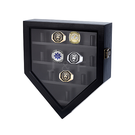 Pine Wood Wall Mounted Ring Organizer Display Stands with Visible Window Lids ODIS-WH0079-017-1