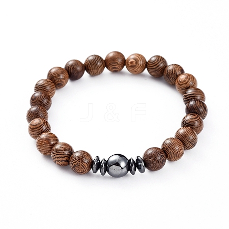  Jewelry Beads Findings Unisex Wood Beads Stretch Bracelets, with Non-Magnetic Synthetic Hematite Beads, 56mm