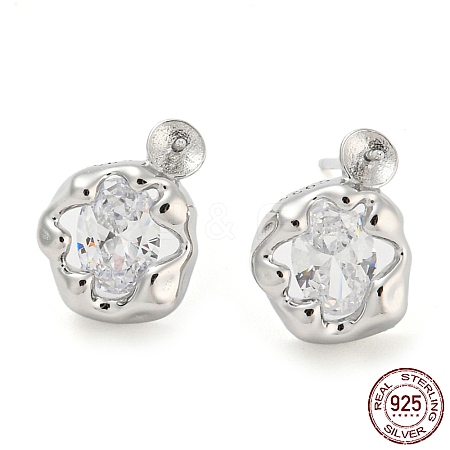 Rhodium Plated Flower 925 Sterling Silver with Clear Cubic Zirconia Stud Earring Findings STER-Q192-11P-1