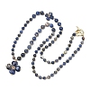 Saint Patrick's Day Natural Sodalite Clover Pendant Round Beaded Necklaces with Brall Heart OT Clasps NJEW-G202-02G-05-4