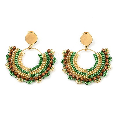 304 Stainless Steel & Bohemian Beaded Fan Dangle Stud Earrings for Women EJEW-R001-05G-02-1