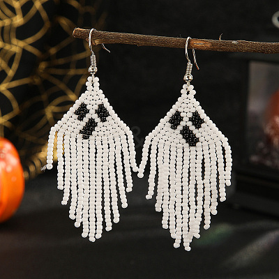 White Ghost Pattern Glass Bead Tassel Earrings for Women MS7668-1