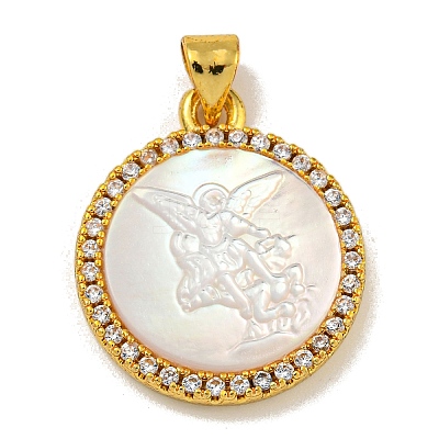 Rack Plating Brass Micro Pave Clear Cubic Zirconia Flat Round Pendants KK-U025-10G-02-1