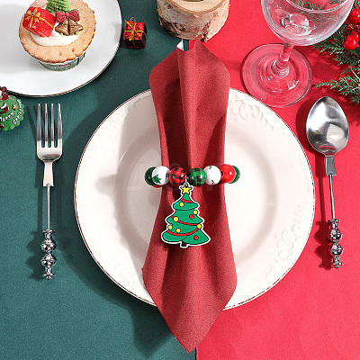 Christmas Tree Wood Beaded Napkin Rings AJEW-SC00038-1