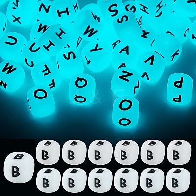 20Pcs Luminous Cube Letter Silicone Beads 12x12x12mm Square Dice Alphabet Beads with 2mm Hole Spacer Loose Letter Beads for Bracelet Necklace Jewelry Making JX437B-1