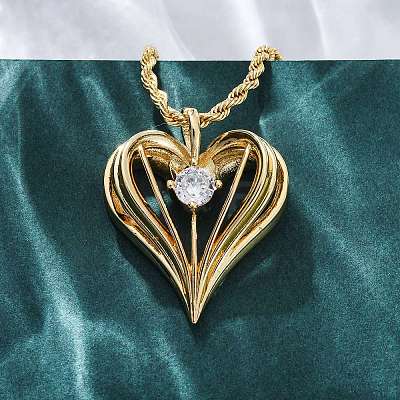 Brass Pave Clear Cubic Zirconia Heart Pendant Necklaces for Women NJEW-K381-07C-G-1