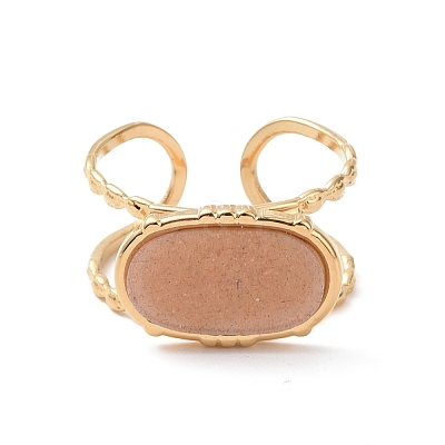 Ion Plating(IP) Natural Gemstone Oval Open Cuff Ring RJEW-G265-05G-1
