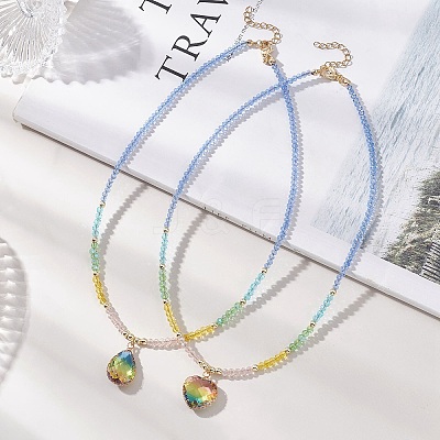 2Pcs 2 Styles Colorful K9 Glass Teardrop Heart Pendant Electroplated Glass Faceted Rondelle Beaded Necklaces NJEW-JN05752-1