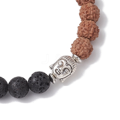 Round Natural Lava Rock & Natural Rudraksha Beaded Stretch Bracelets BJEW-TA00527-1