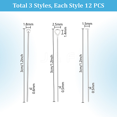 36Pcs 3 Styles 925 Sterling Silver Eye Pins STER-PH0002-65-1