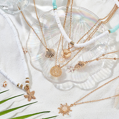 6Pcs 6 Style Sun & Flower & Shell Shape Pendant Alloy Multi Layered Necklaces Sets NJEW-AN0001-37-1