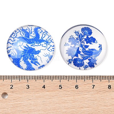 Blue and White Floral Printed Glass Cabochons GGLA-A002-30mm-XX-1