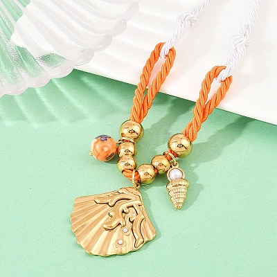 Ocean 304 Stainless Steel Shell Shape Pendant Polyester Rope Necklaces for Women NJEW-K252-10G-1