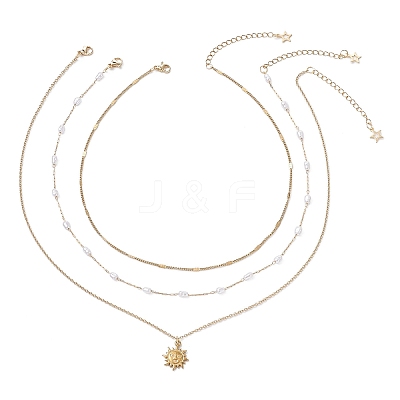 304 Stainless Steel Pendant 316 Surgical Stainless Steel & Plastic Pearl Paperclip Chain 3 Layer Necklaces for Women NJEW-JN05471-01-1