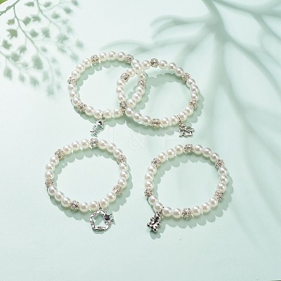 ABS Plastic Imitation Pearl  & Rhinestone Beaded Stretch Bracelet with Alloy Charm for Women BJEW-JB08526-1