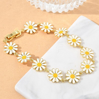 Brass & Enamel Daisy Link Chain Bracelets for Women BJEW-A171-03G-1
