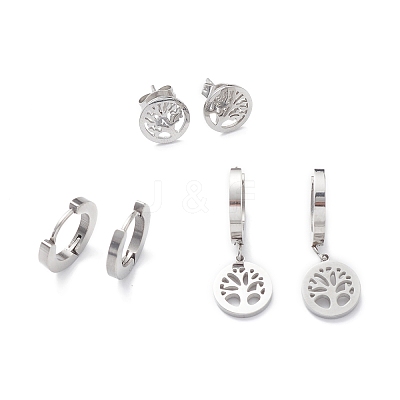 Non-Tarnish 3 Pairs 3 Style 304 Stainless Steel Tree of Life Dangle Hoop Earrings EJEW-B020-09P-1