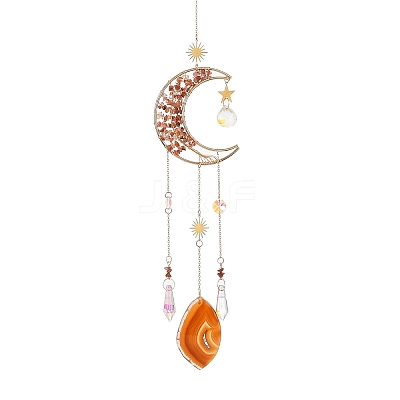 Wire Wrapped Natural Carnelian Moon with Tree of Life Pendant Decorations HJEW-K046-07G-03-1