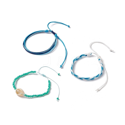 3Pcs 3 Style Natural Shell & Glass Braided Bead Bracelets Set BJEW-B065-07B-1