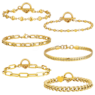 6Pcs 6 Styles Stainless Steel Chain Bracelets Kits BJEW-PH0004-47-1