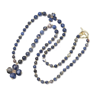 Saint Patrick's Day Natural Sodalite Clover Pendant Round Beaded Necklaces with Brall Heart OT Clasps NJEW-G202-02G-05-1