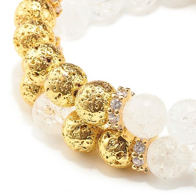 Natural Crackle Quartz & Lava Rock Round Beads Stretch Bracelets Set BJEW-JB07206-1