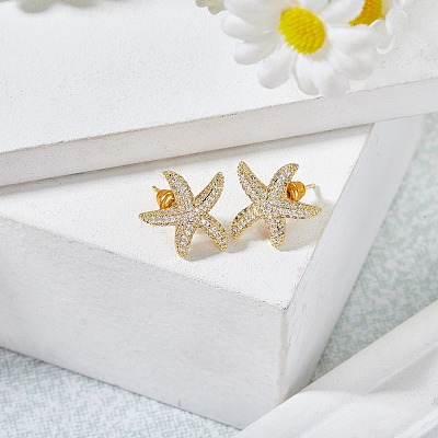 1 Pair Starfish Brass Micro Pave Clear Cubic Zirconia Studs Earrings EJEW-SZ0002-08G-1