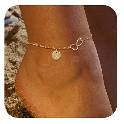 Brass Double Heart Link Flat Round Initial Charm Anklets for Women FS-WGA84B7-01-1