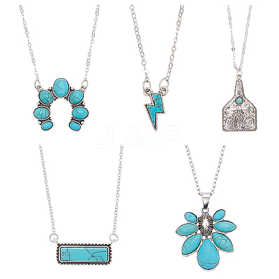 5Pcs 5 Style Flower & Rectangle & Lightning & Cow Tag Synthetic Turquoise Pendant Necklaces Sets NJEW-AN0001-04-1