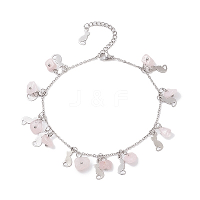 Natural Rose Quartz Chips & Cat Charms Anklet AJEW-AN00512-03-1