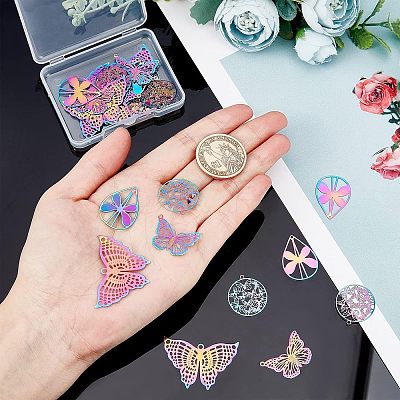 32Pcs 4 Style Ion Plating(IP) 201 Stainless Steel Filigree Pendants STAS-NB0001-20-1