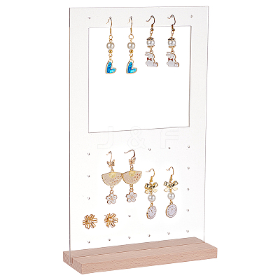Transparent Acrylic Vertical Earring Display Stands with Wooden Base EDIS-WH0021-48A-1