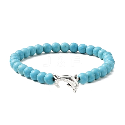 Tibetan Style Alloy Dolphin & Synthetic Turquoise Round Beaded Stretch Bracelet BJEW-JB09895-02-1