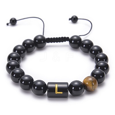 10MM Natural Black Onyx(Dyed & Heated) and Tiger Eye Alphabet Round Braided Bead Adjustable Bracelets for Women DM6424-12-1